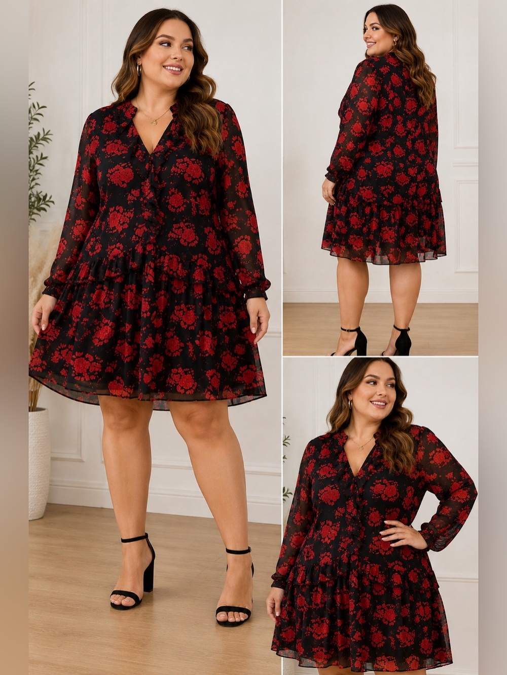 Zara Black Red Floral Ruffle Mini Dress Sheer Long Sleeve XXL NWT